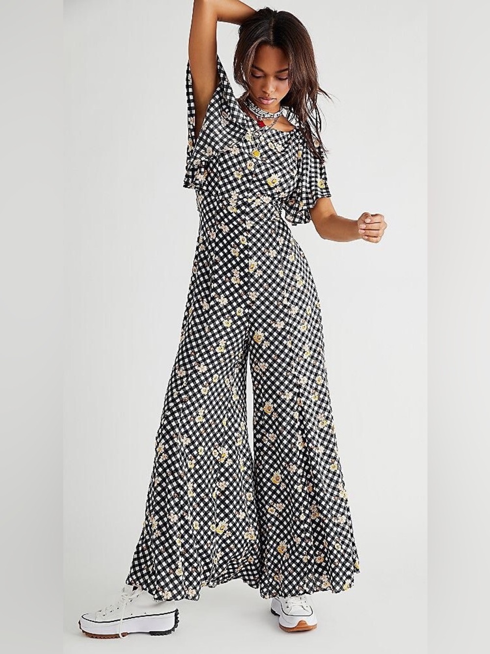 Free People Eloise Black Gingham yellow daisy Floral checkered Wide-Leg Jumpsuit